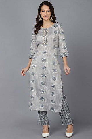 Ahika Grey Cotton Blend Straight kurta Set - Distacart