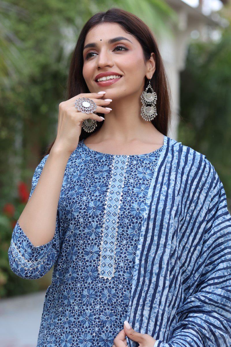Ahika Women Blue & White Cotton Fabric Printed Fancy Kurta And Palazzo - Distacart