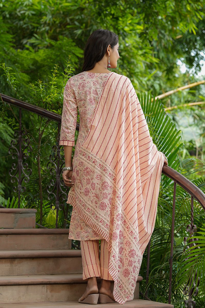 Ahika Orange Cotton Straight Suit Set
