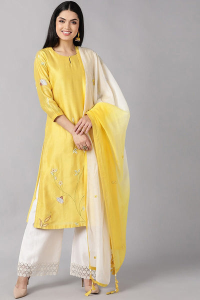 Ahika Yellow Ethnic Motifs Embroidered Thread Work Suit Set - Distacart