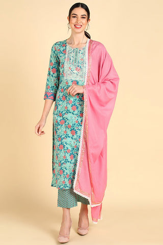 Ahika Sea Green Pure Cotton Floral Printed Straight Suit Set - Distacart