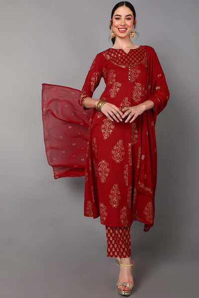 Ahika Red Cotton Straight Kurta Pant With Dupatta Set