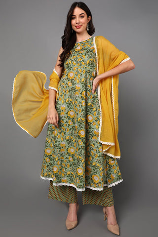 Ahika Green Pure Cotton Floral Anarkali Suit Set - Distacart