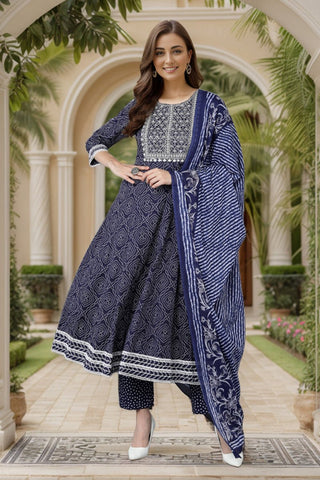 Ahika Women Navy Blue Rayon Blend Kurta Trousers With Dupatta - Distacart