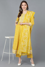 Thumbnail for Ahika Women Yellow Rayon Blend Kurta Trousers With Dupatta - Distacart