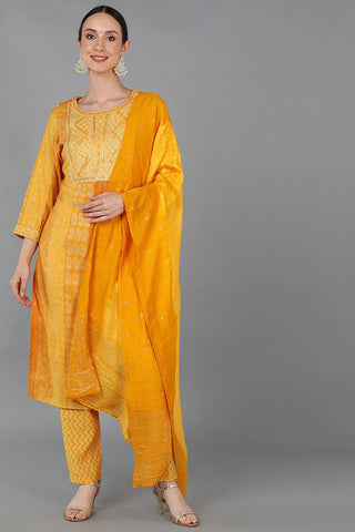Ahika Mustard Silk Blend Ethnic Motifs Straight Kurta Trousers With Dupatta - Distacart