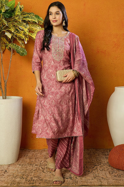 Ahika Pink Silk Blend Bandhani Print Embroidered Straight Suit Set