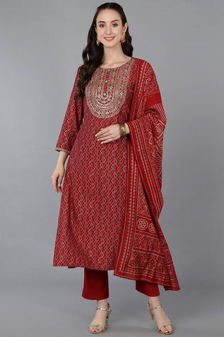 Ahika Red Silk Blend Bandhani Print Embroidered Straight Suit Set - Distacart