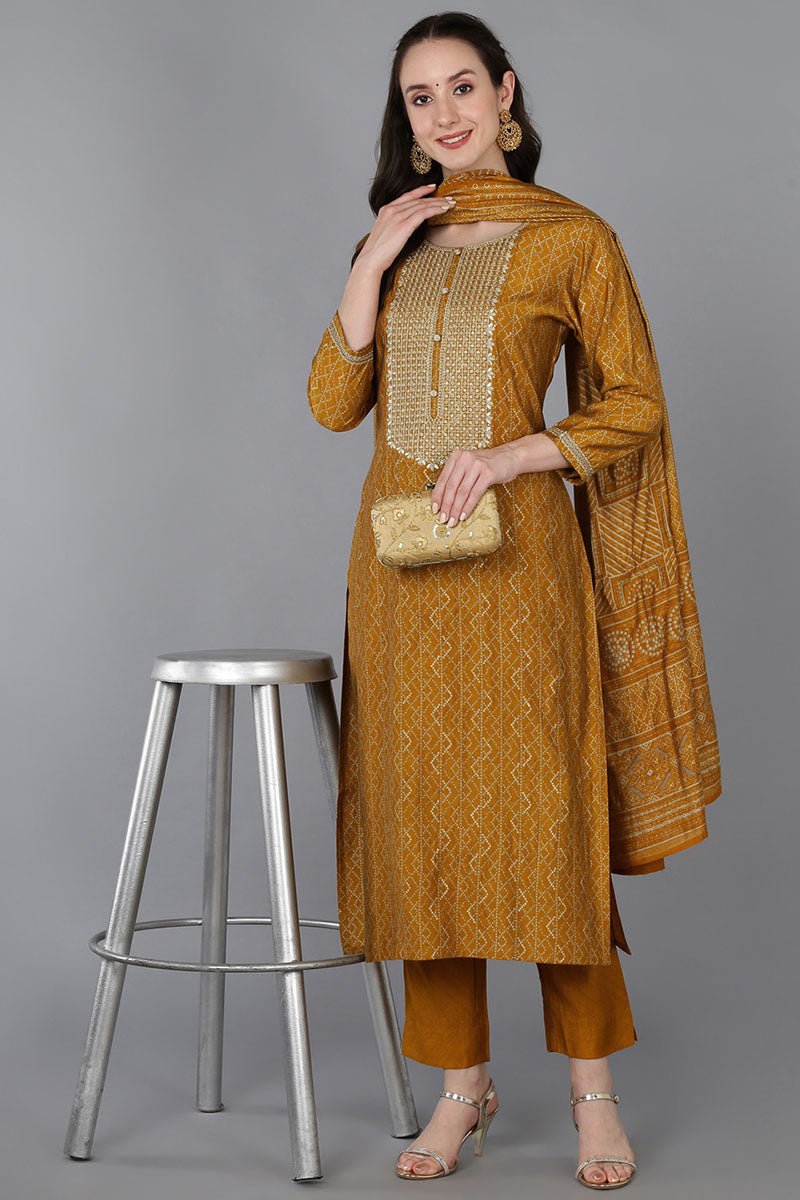 Ahika Gold Silk Blend Bandhani Print Embroidered Straight Suit Set