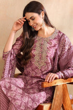 Thumbnail for Ahika Mauve Silk Blend Ombre Straight Kurta Trousers With Dupatta