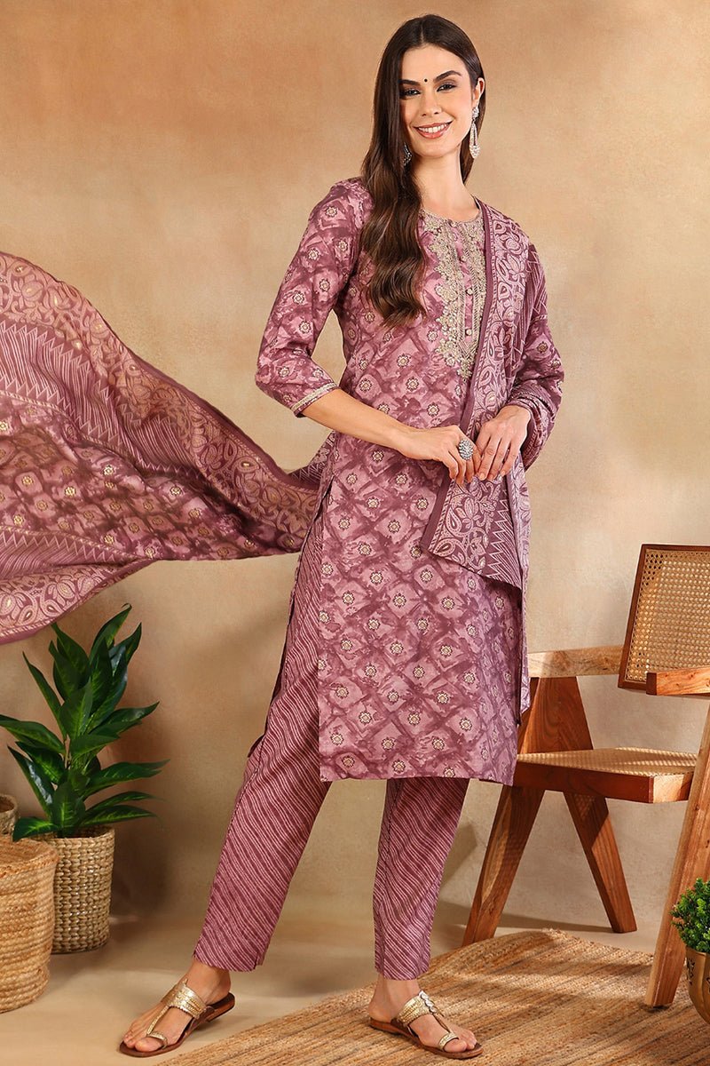 Ahika Mauve Silk Blend Ombre Straight Kurta Trousers With Dupatta
