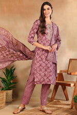 Thumbnail for Ahika Mauve Silk Blend Ombre Straight Kurta Trousers With Dupatta