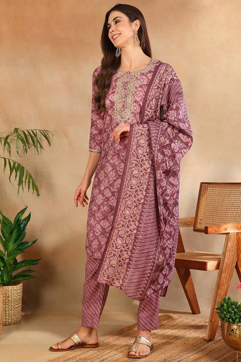 Ahika Mauve Silk Blend Ombre Straight Kurta Trousers With Dupatta