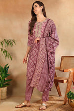 Thumbnail for Ahika Mauve Silk Blend Ombre Straight Kurta Trousers With Dupatta