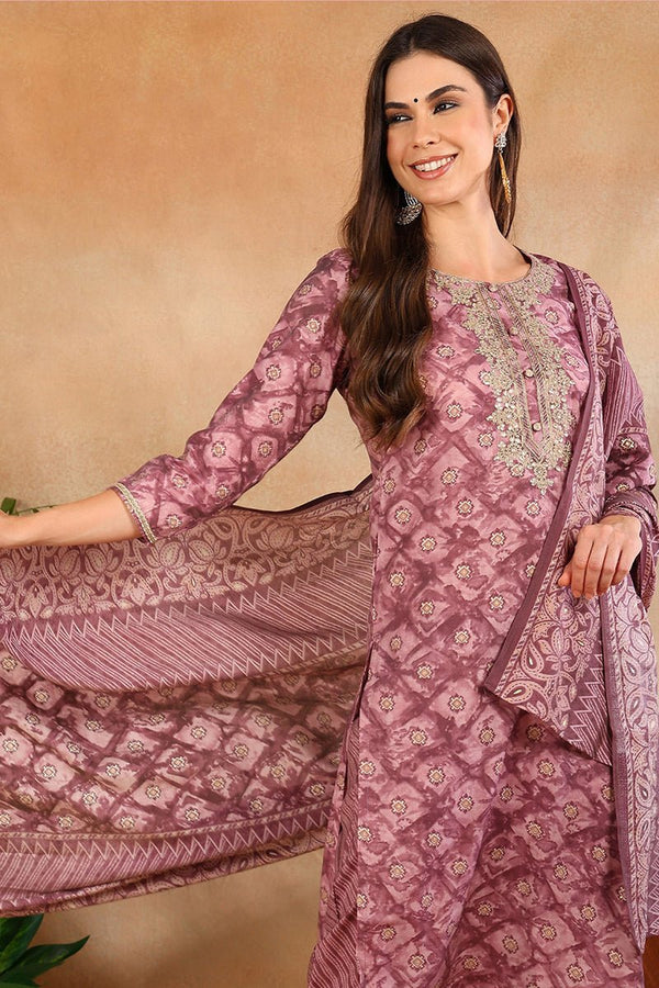 Ahika Mauve Silk Blend Ombre Straight Kurta Trousers With Dupatta