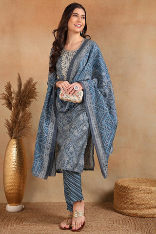 Ahika Grey Silk Blend Straight Kurta Pant With Dupatta - Distacart