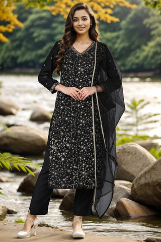 Ahika Black Silk Blend Embroidered Kurta Pant With Dupatta - Distacart