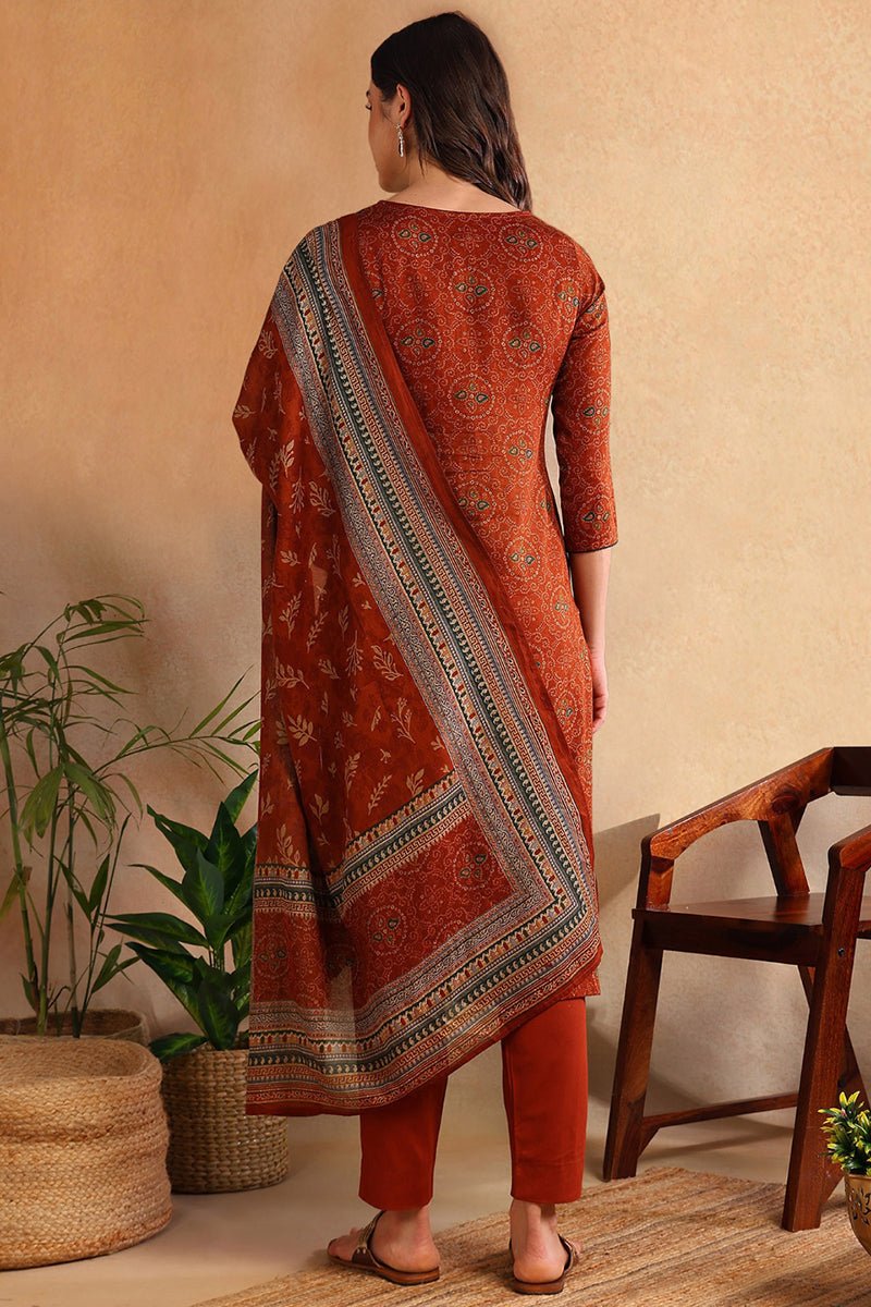 Ahika Burnt Orange Silk Blend Straight Suit Set