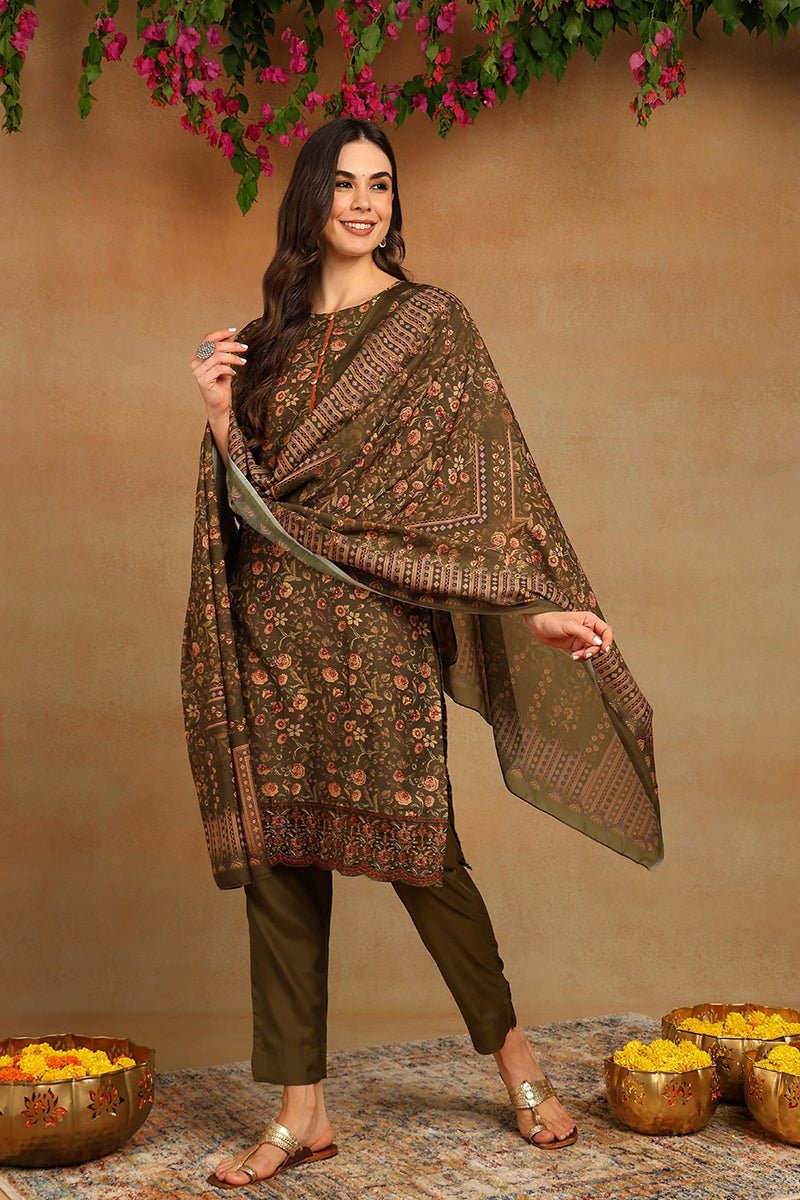 Ahika Olive Green Cotton Straight Suit Set