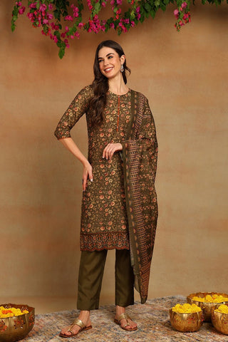 Ahika Olive Green Cotton Straight Suit Set - Distacart