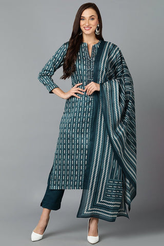 Ahika Rayon Blend Teal Straight Kurta Pant With Dupatta - Distacart