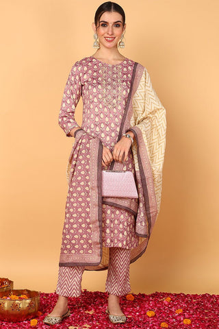 Ahika Plus Size Mauve Silk Blend Ethnic Motifs Printed Straight Suit Set - Distacart