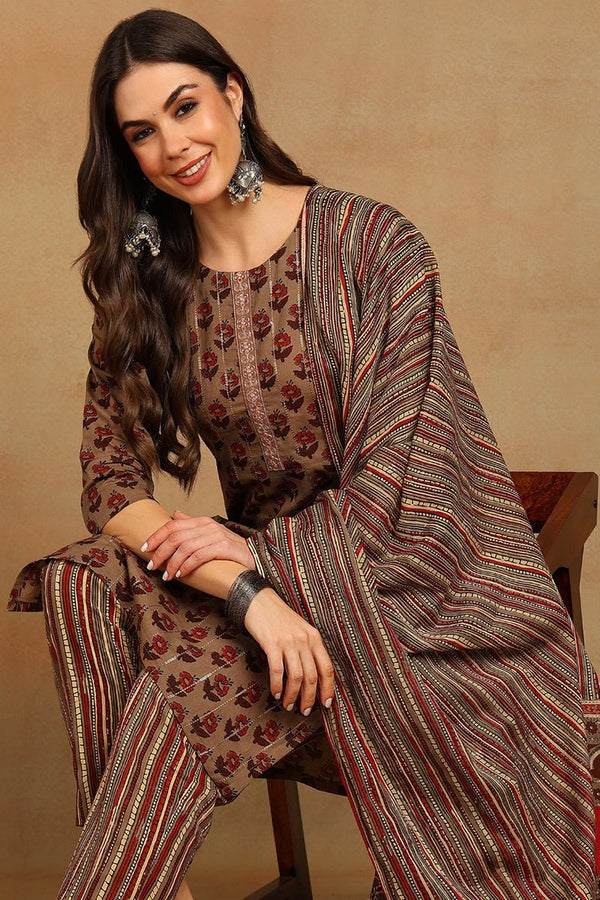 Ahika Cotton Beige Printed Straight Kurta Pant With Dupatta