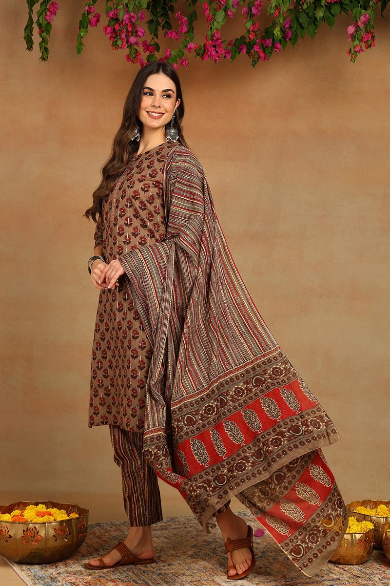 Ahika Cotton Beige Printed Straight Kurta Pant With Dupatta