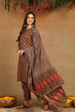 Thumbnail for Ahika Cotton Beige Printed Straight Kurta Pant With Dupatta