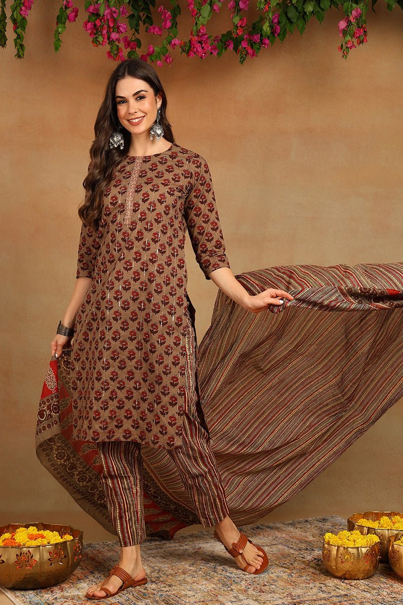 Ahika Cotton Beige Printed Straight Kurta Pant With Dupatta