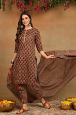 Thumbnail for Ahika Cotton Beige Printed Straight Kurta Pant With Dupatta