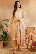 Thumbnail for Ahika Cotton Blend Peach Printed Straight Kurta Pant With Dupatta