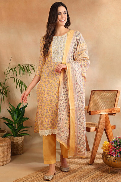 Ahika Cotton Blend Peach Printed Straight Kurta Pant With Dupatta
