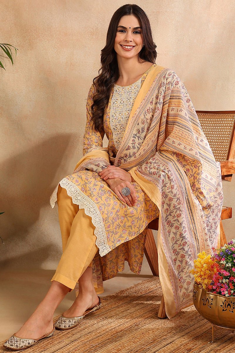 Ahika Cotton Blend Peach Printed Straight Kurta Pant With Dupatta