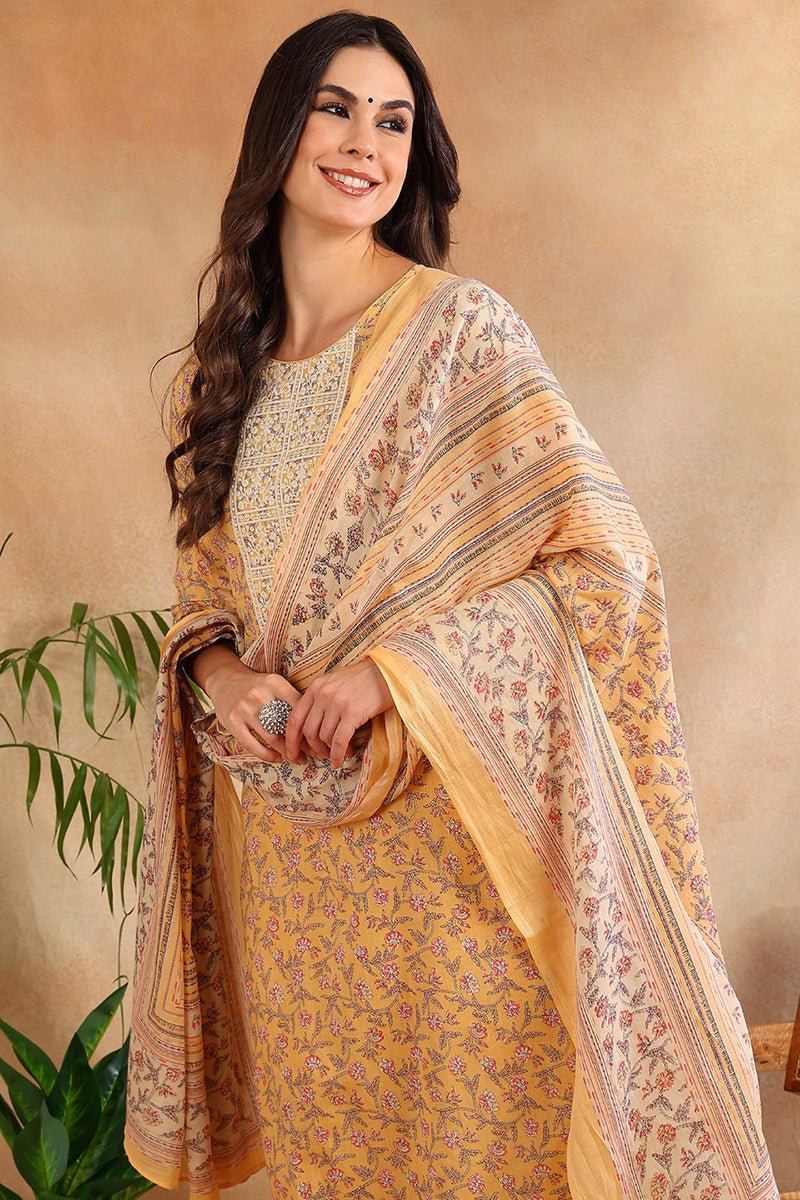 Ahika Cotton Blend Peach Printed Straight Kurta Pant With Dupatta