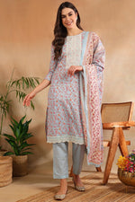 Thumbnail for Ahika Blue Cotton Blend Floral Straight Suit Set