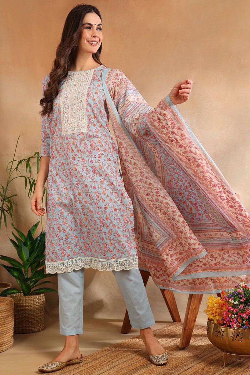 Ahika Blue Cotton Blend Floral Straight Suit Set