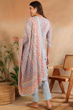 Thumbnail for Ahika Blue Cotton Blend Floral Straight Suit Set