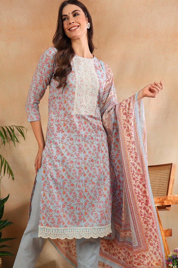 Ahika Blue Cotton Blend Floral Straight Suit Set