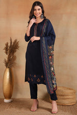 Thumbnail for Ahika Navy Blue Silk Blend Floral Straight Suit Set - Distacart