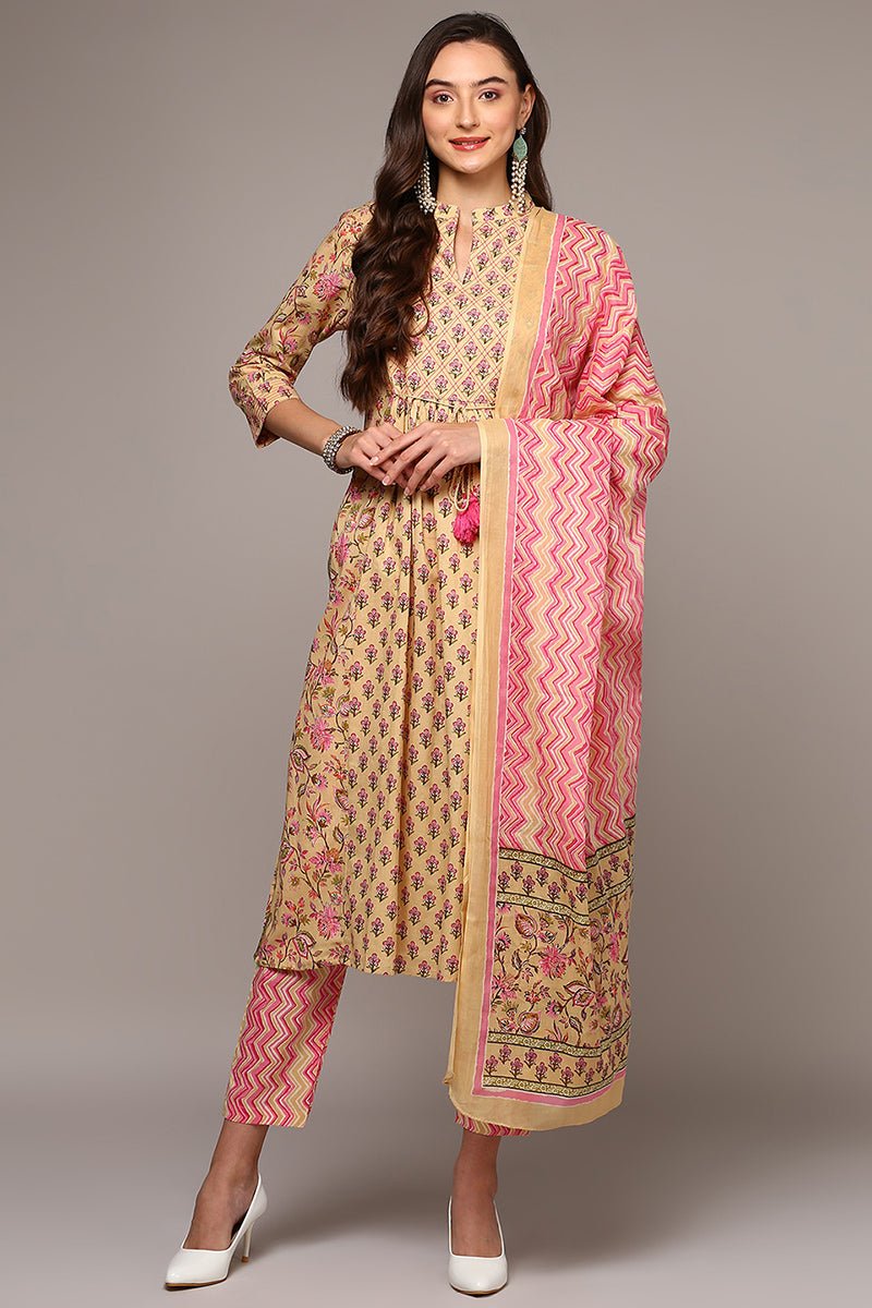 Ahika Cream Pure Cotton Printed Flared Suit Set