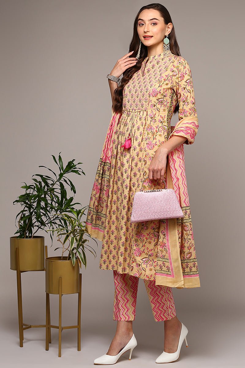 Ahika Cream Pure Cotton Printed Flared Suit Set
