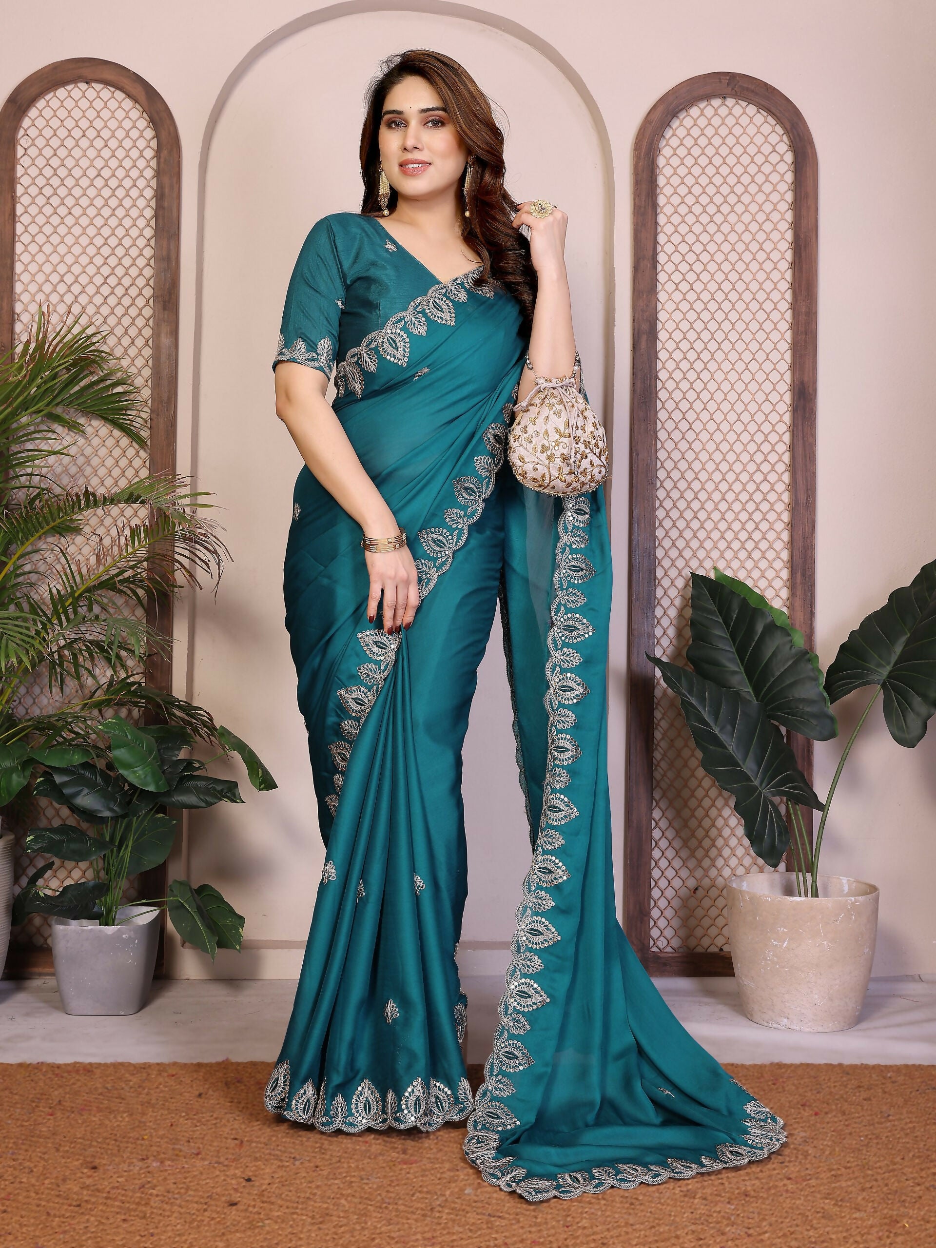 Teeya Creation New Trendy Party Wear Soft Satin Chiffon Saree-Teal - Dista