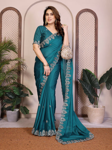 Teeya Creation New Trendy Party Wear Soft Satin Chiffon Saree-Teal - Dista