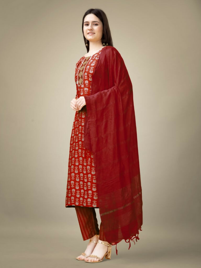 Jyoti Fashion Women's Maroon Rayon Embroidery & Sequence work Kurta with Trouser & Dupatta - Distacart