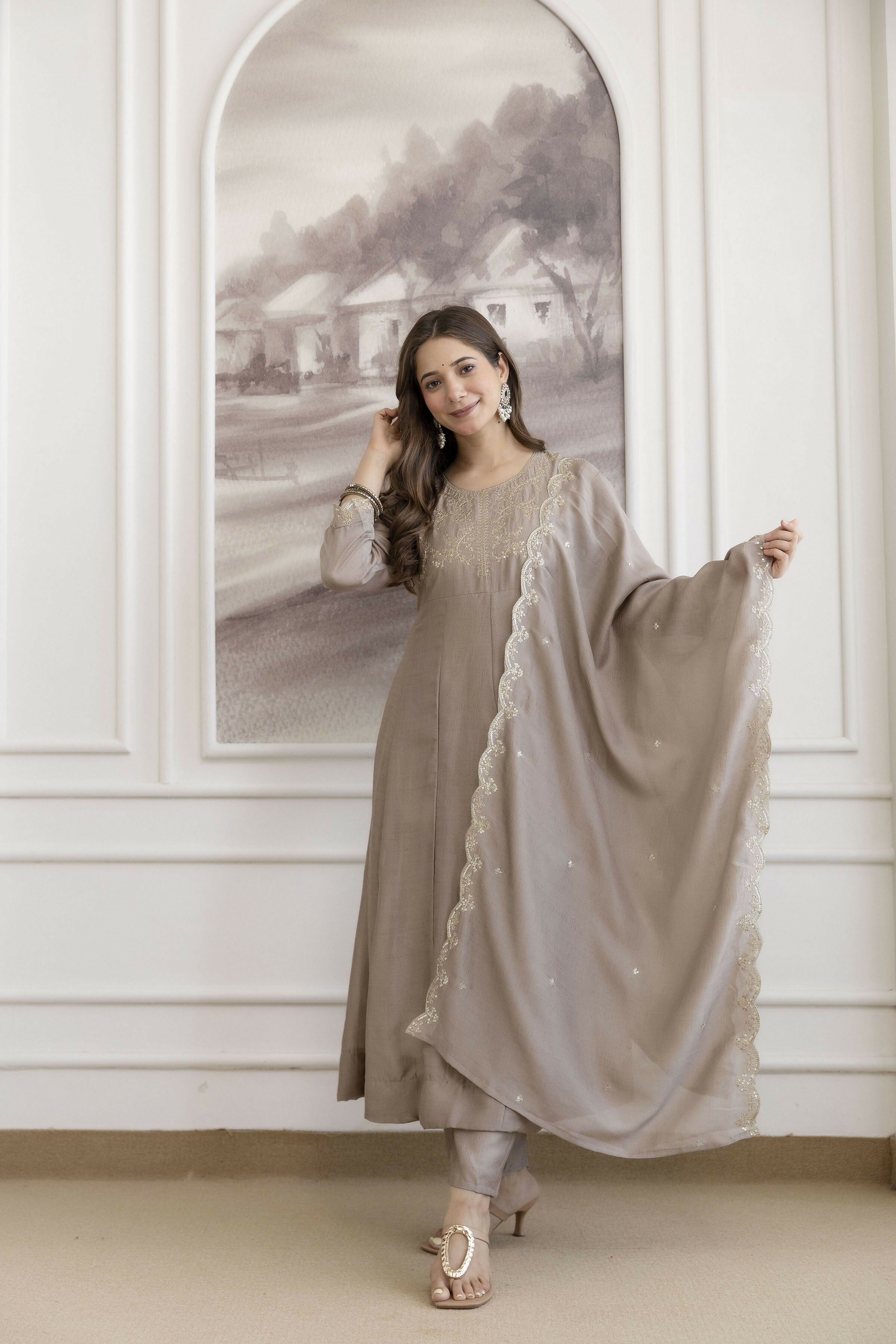 The52 Chiku Women's Beautiful Vichitra Silk Fabric Embroidered Work Flared Anarkali Pant and Dupatta Set - Distacart
