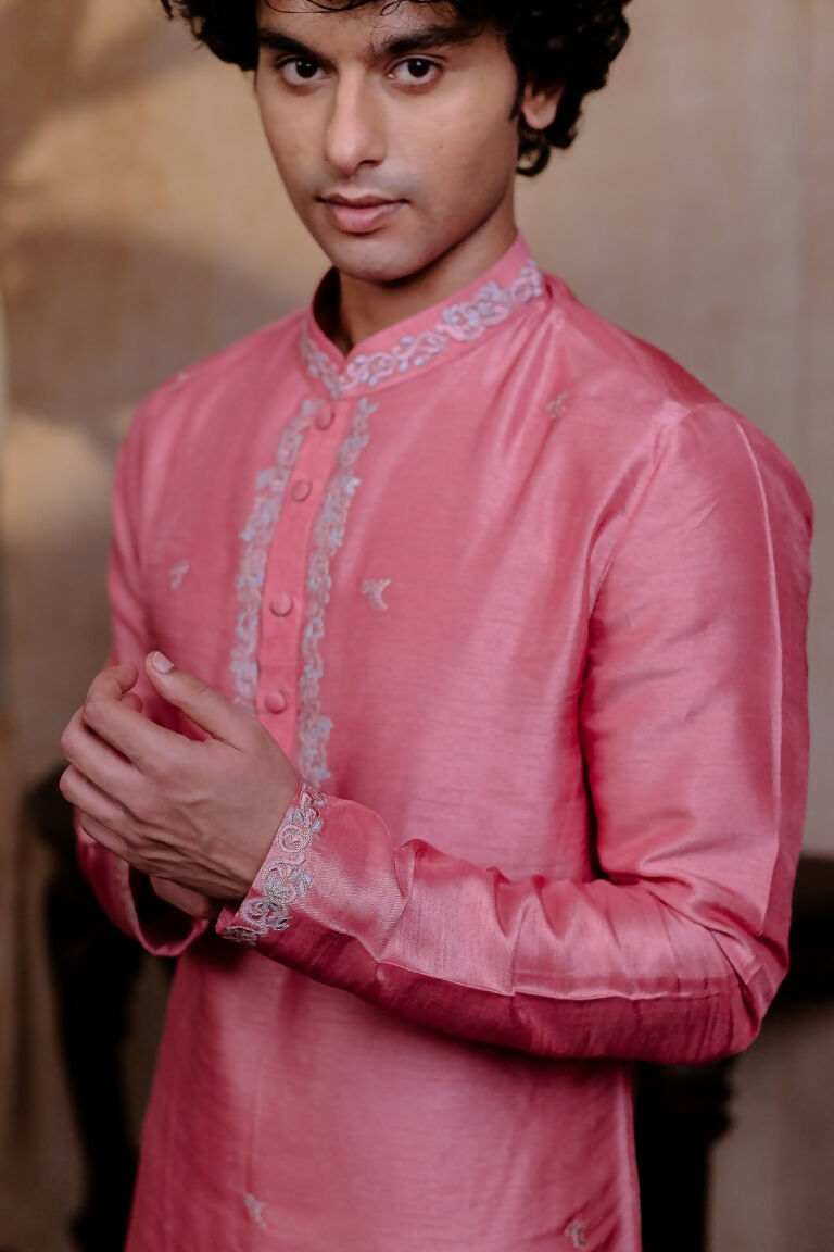 Falling Raw Silk Pink Prism Motif Kurta Set By Hilo Design