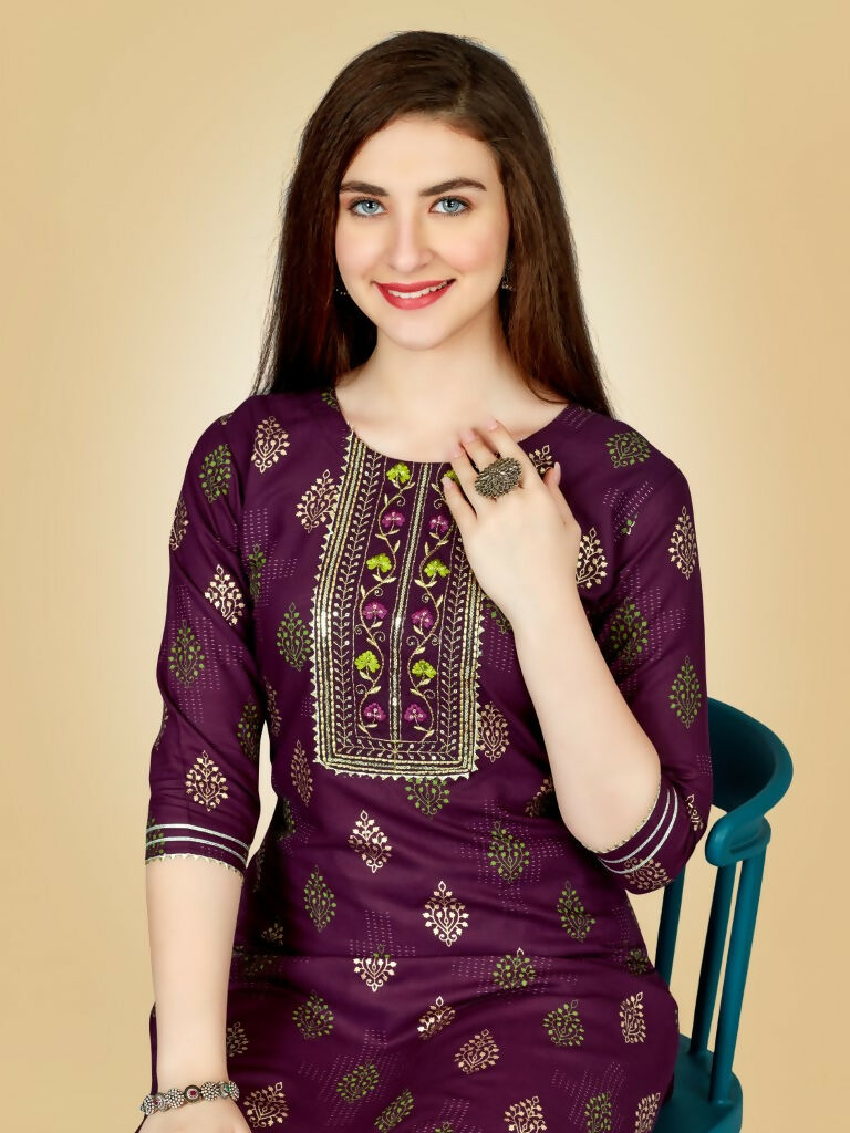 Jyoti Fashion Women's Wine Viscose Rayon Embroidered Kurta Pant Set - Distacart