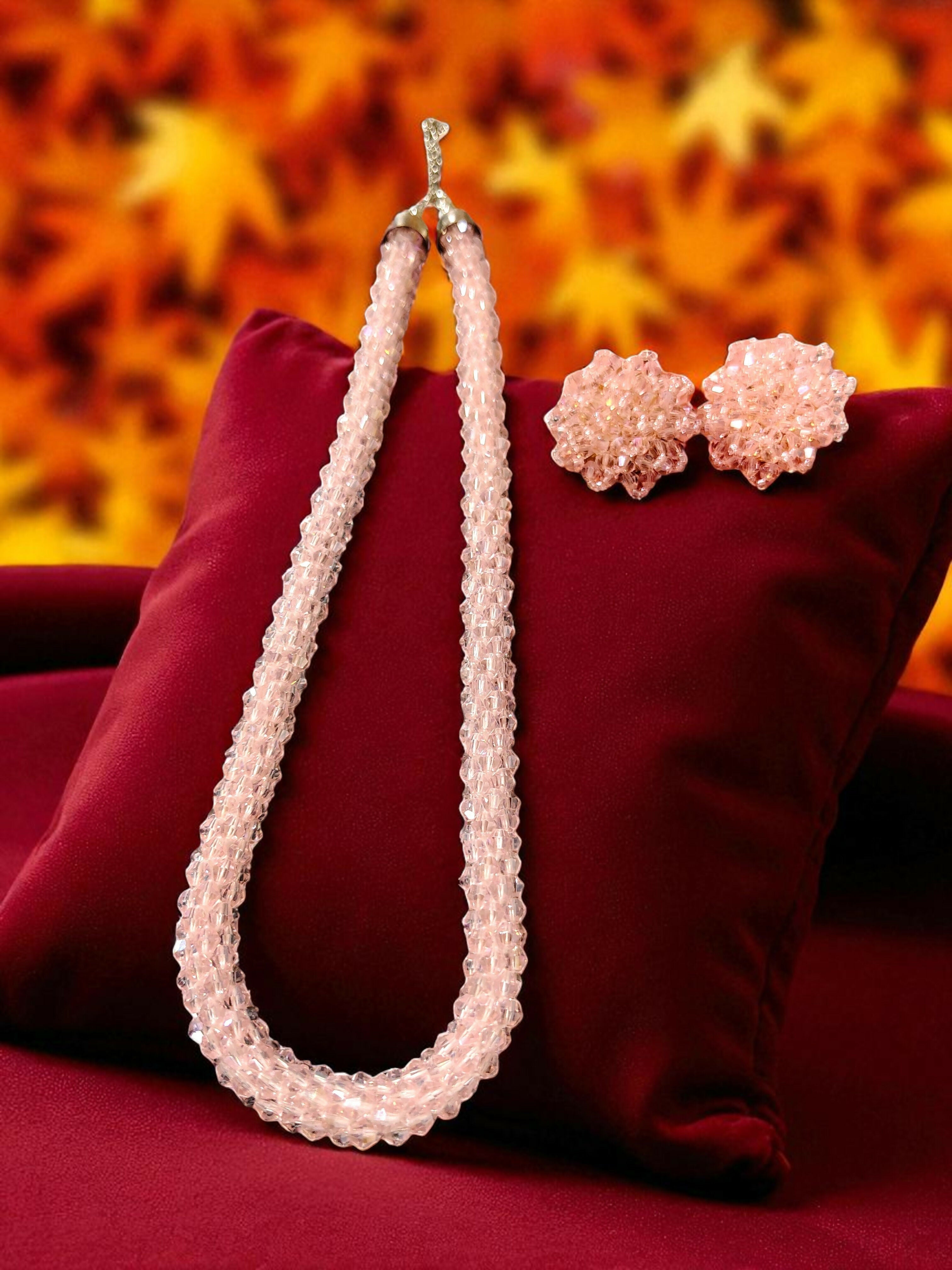 Inhanns Noor-E-Jalwa – Handmade Crystal Bead Necklace / Necklace With Earrings -Adjustable - Baby Pink - Distacart