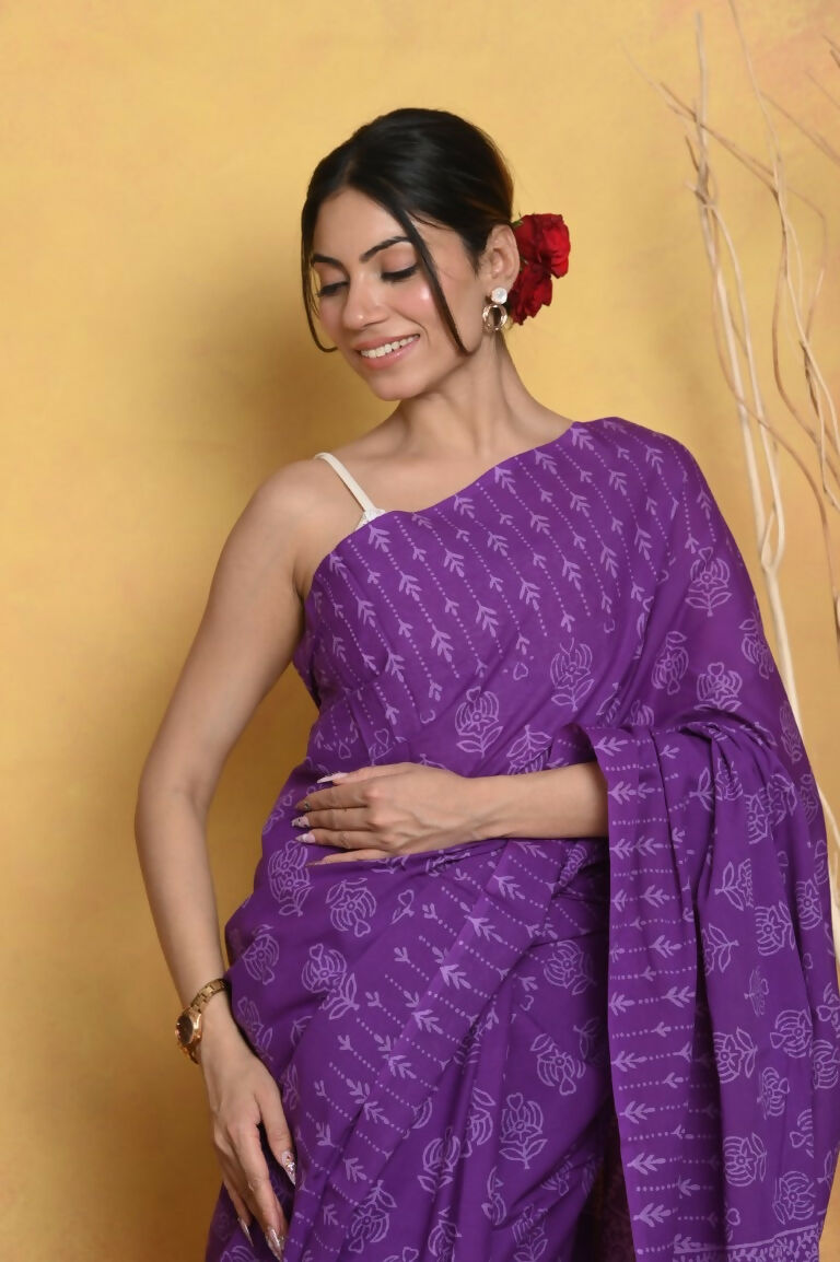 Very Much Indian Handblock Printed Cotton Saree With Natural Dyes - Purple - Distacart